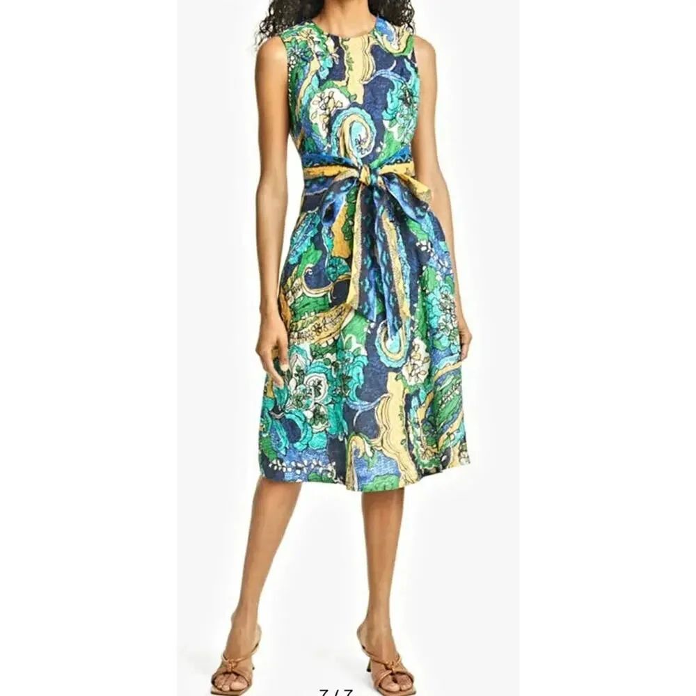 Kobi Halperin Sophie Dress Tropical Print 100% Linen Belted Midi Dress US 4